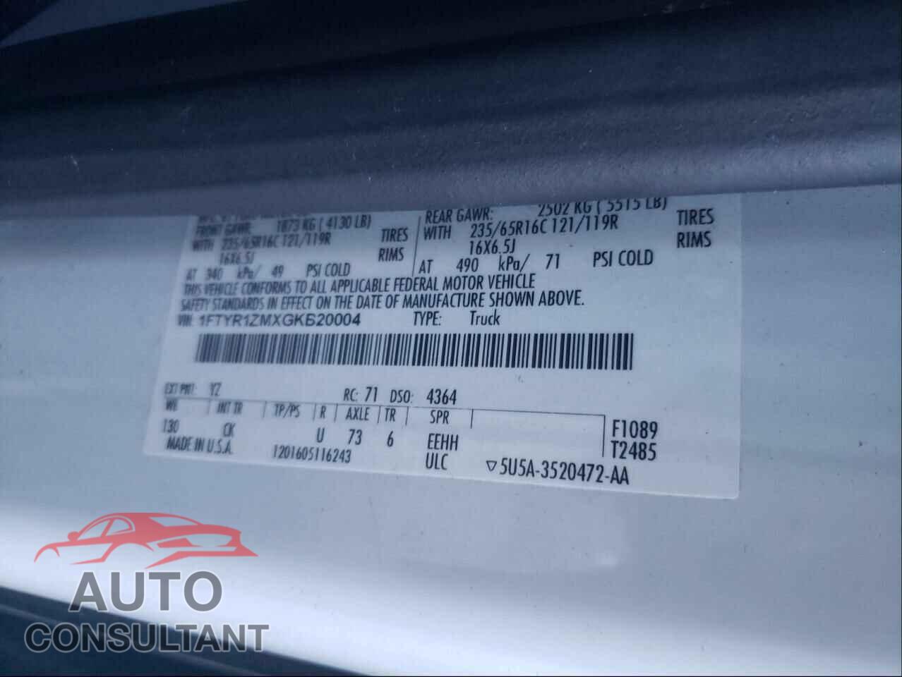 FORD TRANSIT CO 2016 - 1FTYR1ZMXGKB20004