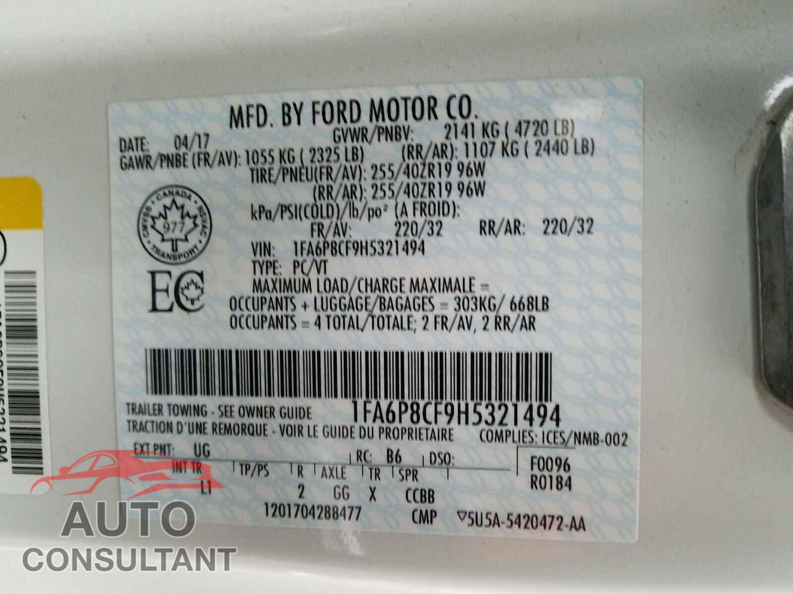 FORD MUSTANG 2017 - 1FA6P8CF9H5321494
