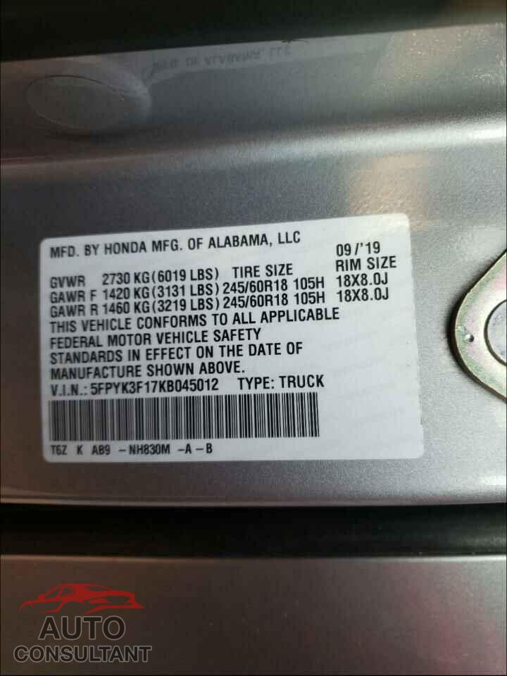 HONDA RIDGELINE 2019 - 5FPYK3F17KB045012