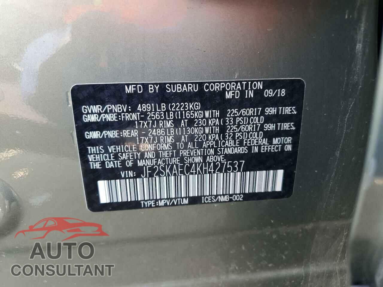SUBARU FORESTER 2019 - JF2SKAEC4KH427537