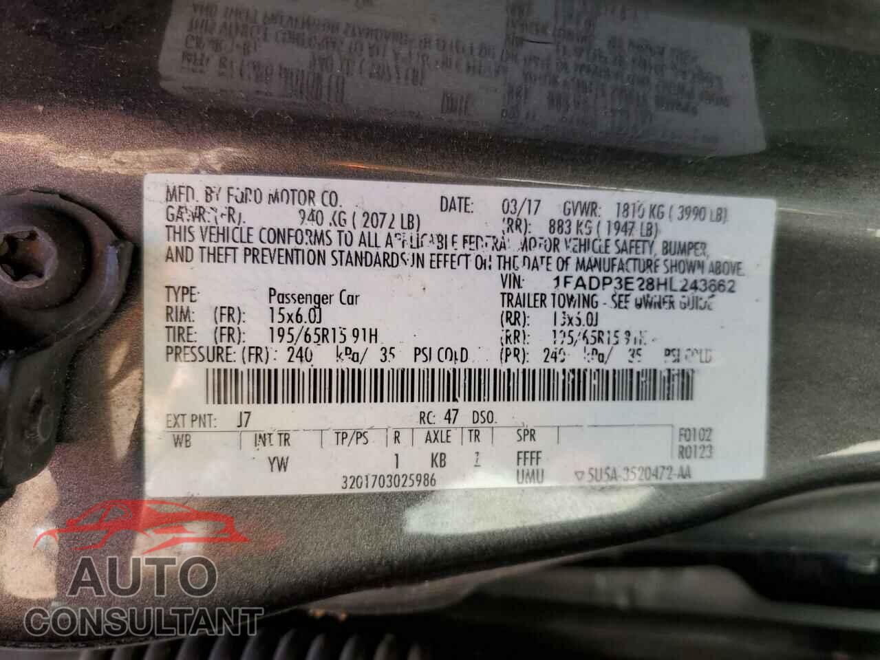 FORD FOCUS 2017 - 1FADP3E28HL243662