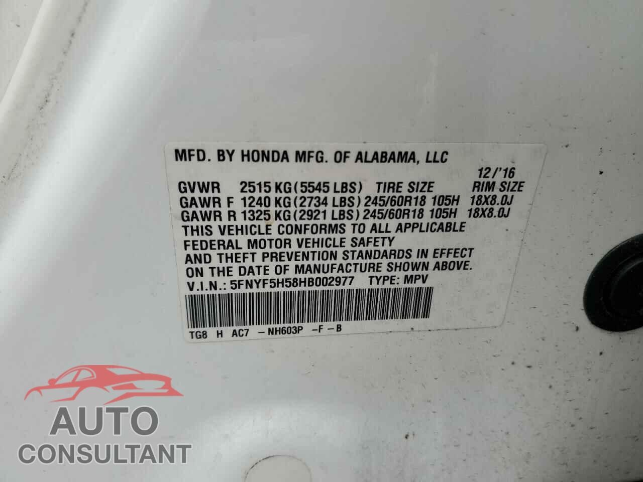 HONDA PILOT 2017 - 5FNYF5H58HB002977