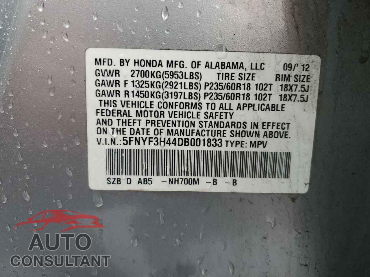 HONDA PILOT 2013 - 5FNYF3H44DB001833