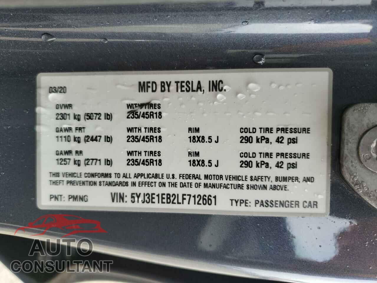 TESLA MODEL 3 2020 - 5YJ3E1EB2LF712661