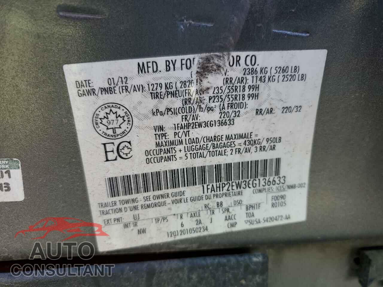 FORD TAURUS 2012 - 1FAHP2EW3CG136633