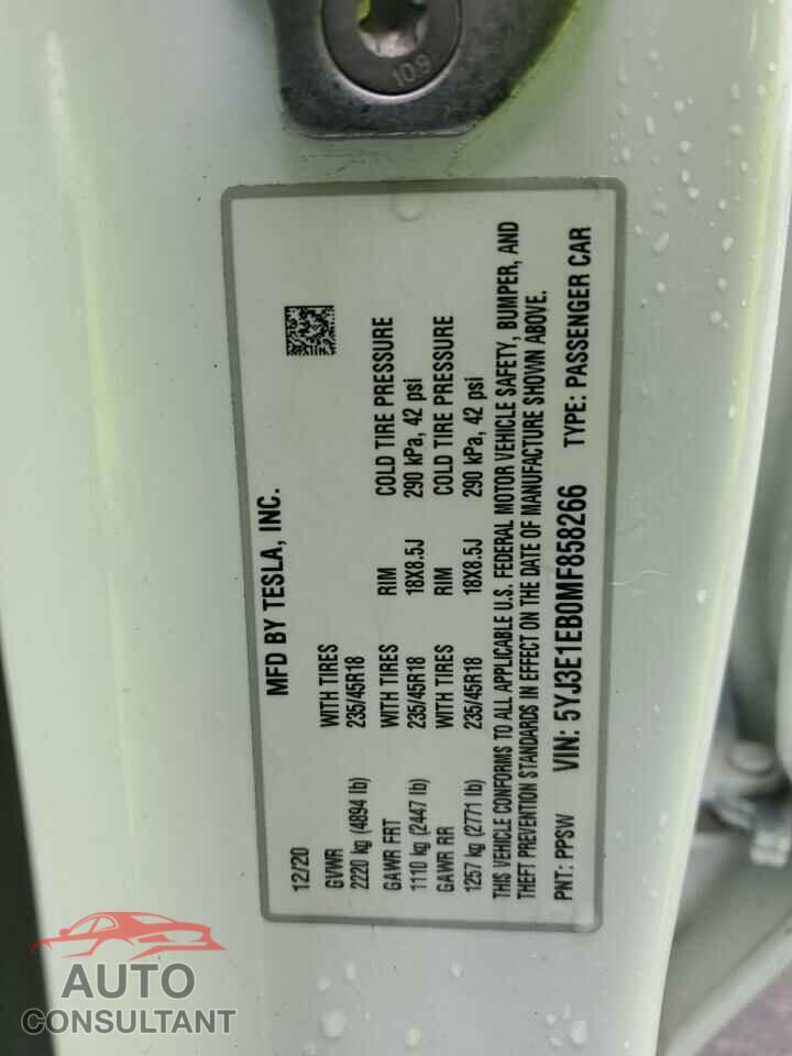 TESLA MODEL 3 2021 - 5YJ3E1EB0MF858266
