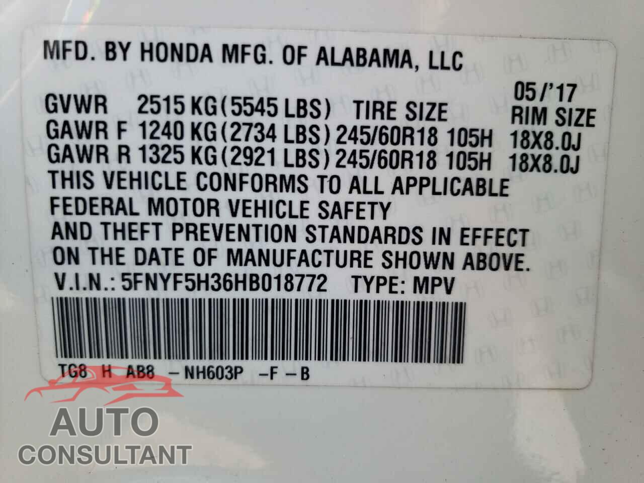 HONDA PILOT 2017 - 5FNYF5H36HB018772