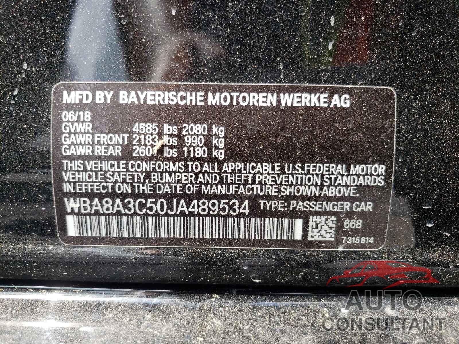 BMW 3 SERIES 2018 - WBA8A3C50JA489534