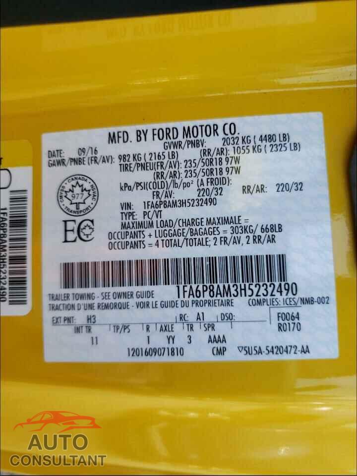 FORD MUSTANG 2017 - 1FA6P8AM3H5232490
