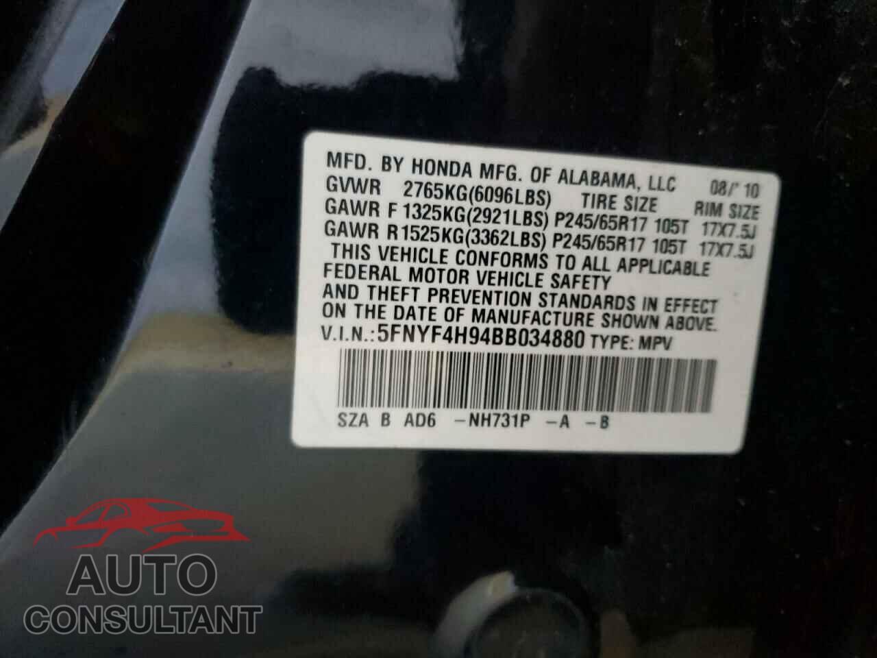 HONDA PILOT 2011 - 5FNYF4H94BB034880