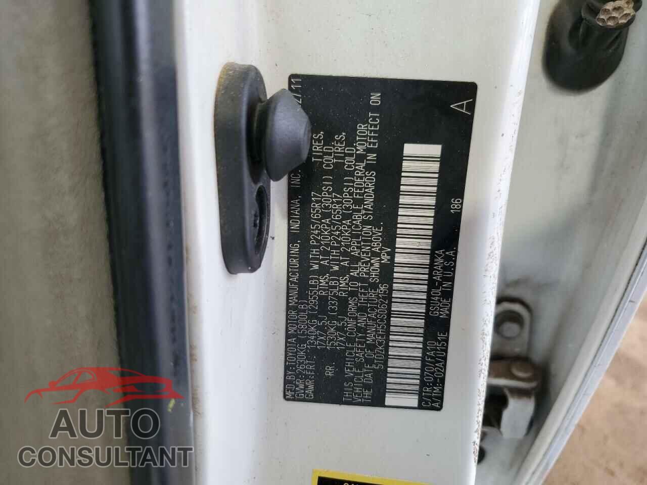 TOYOTA HIGHLANDER 2012 - 5TDZK3EH5CS062156