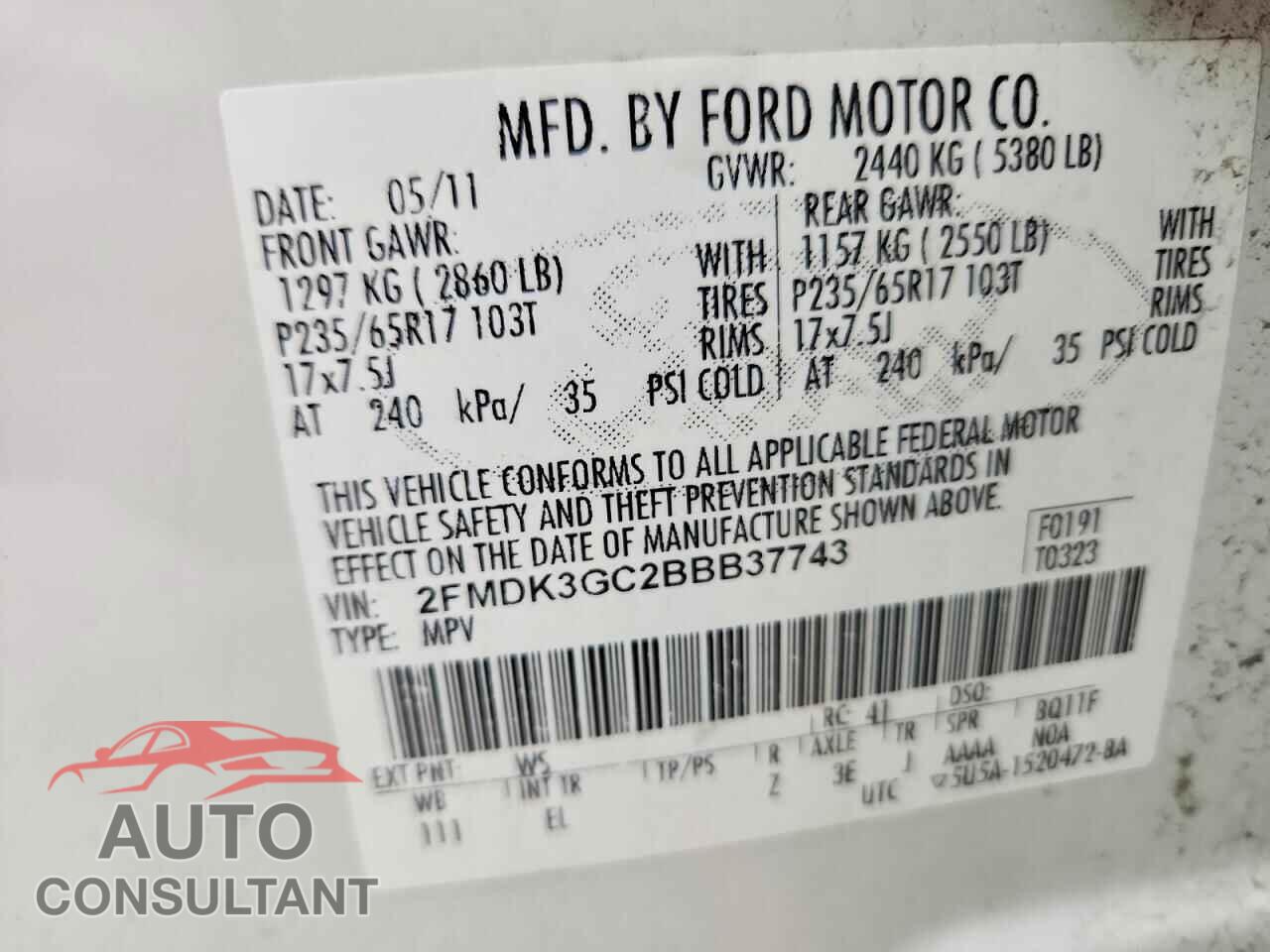 FORD EDGE 2011 - 2FMDK3GC2BBB37743