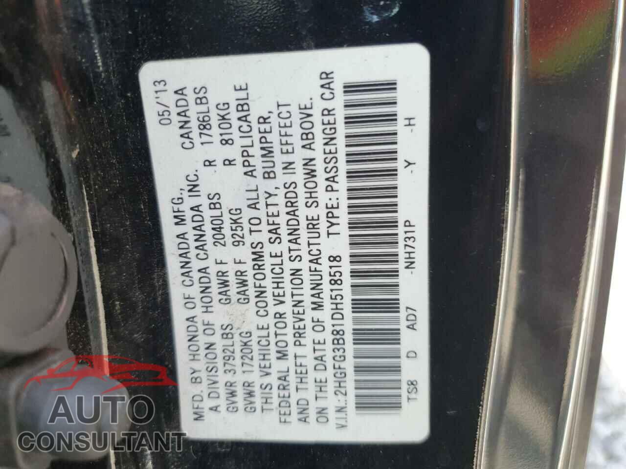 HONDA CIVIC 2013 - 2HGFG3B81DH518518