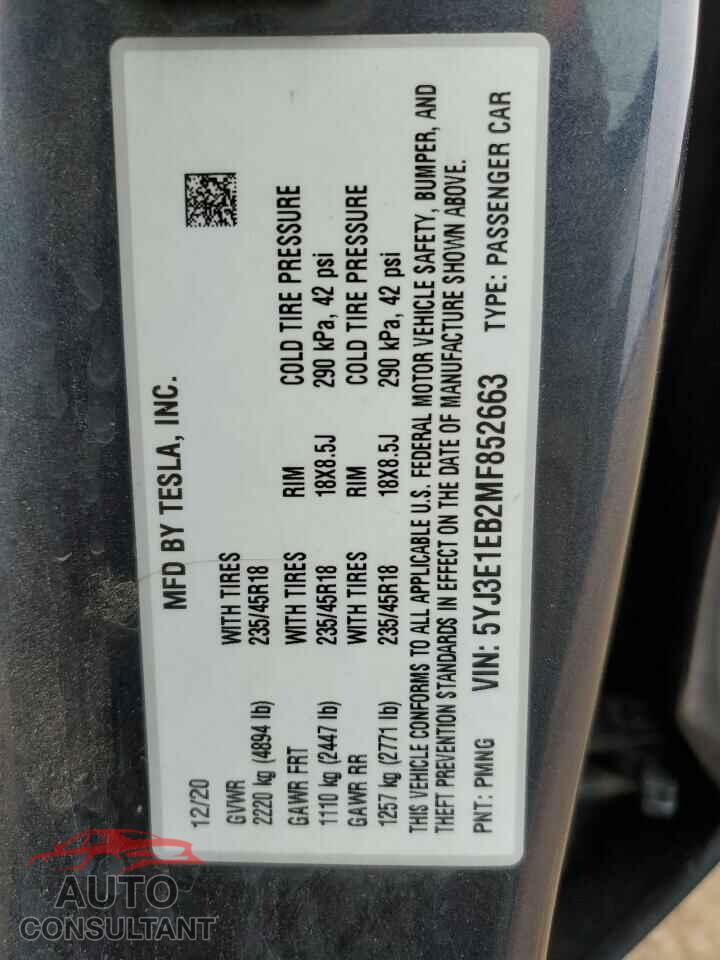 TESLA MODEL 3 2021 - 5YJ3E1EB2MF852663