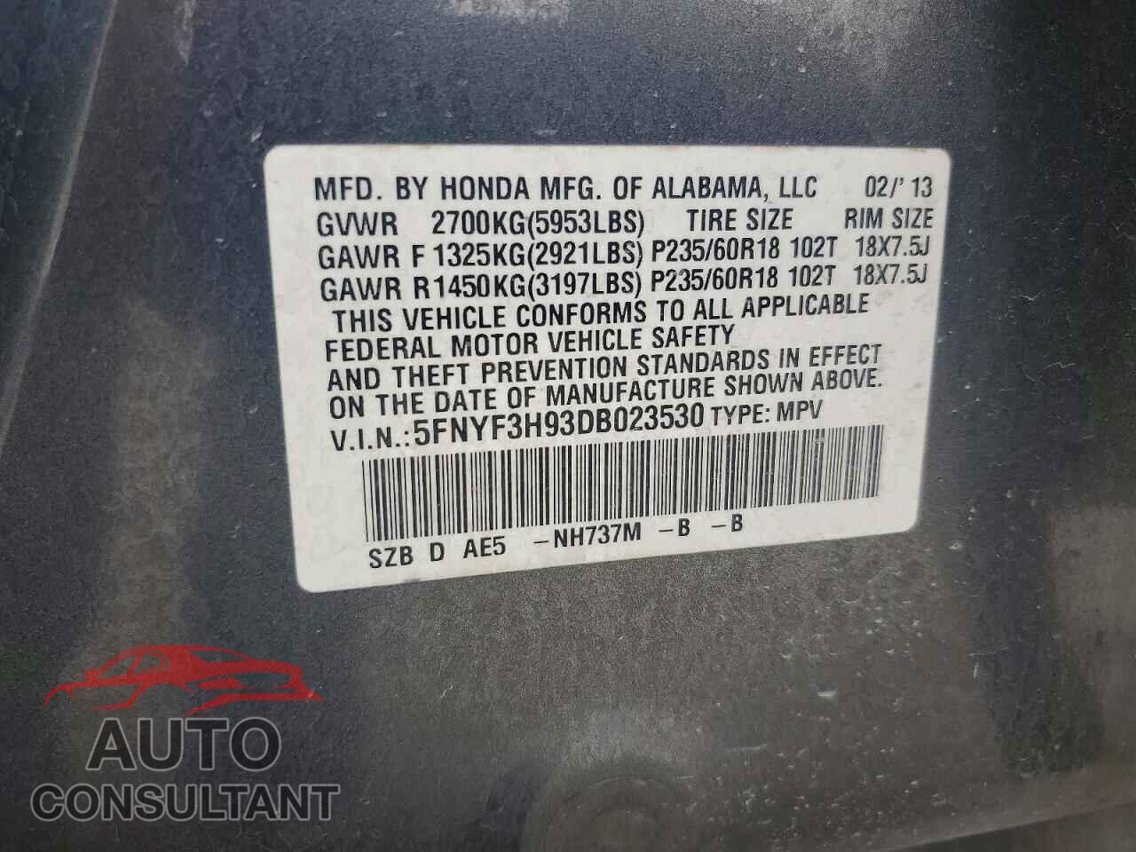 HONDA PILOT 2013 - 5FNYF3H93DB023530