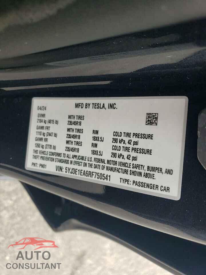 TESLA MODEL 3 2024 - 5YJ3E1EA6RF750541