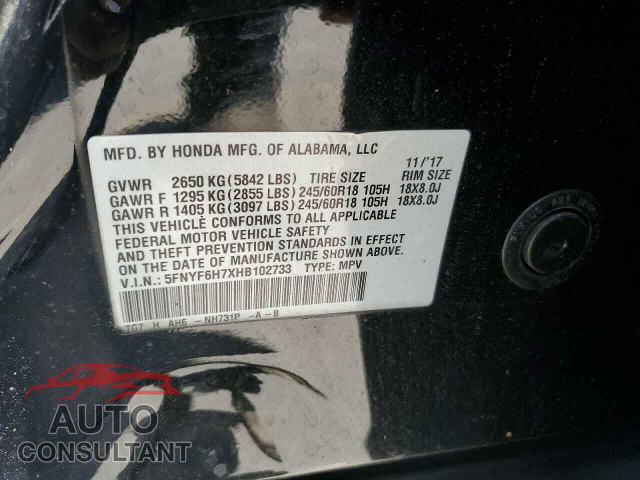 HONDA PILOT 2017 - 5FNYF6H7XHB102733