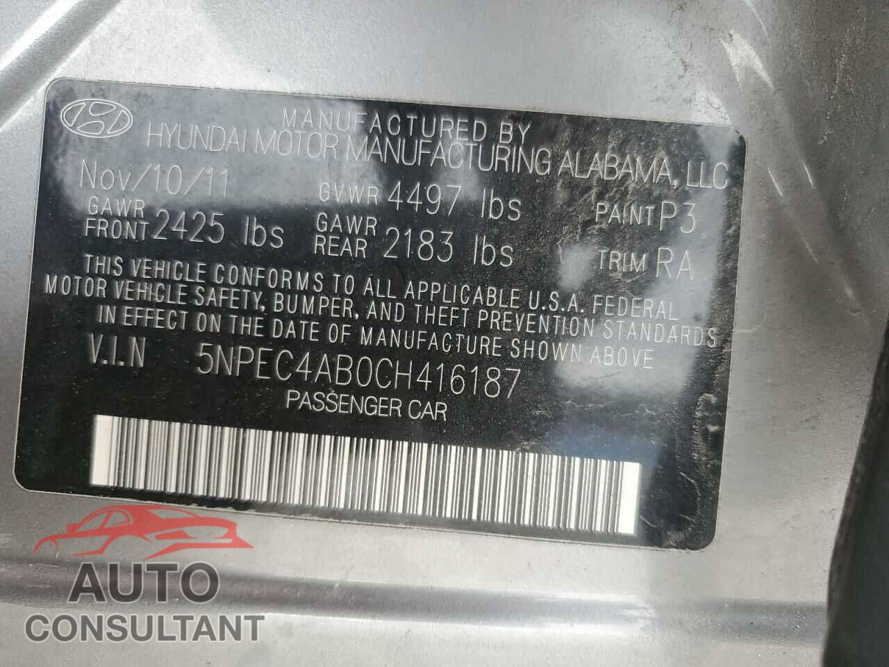 HYUNDAI SONATA 2012 - 5NPEC4AB0CH416187