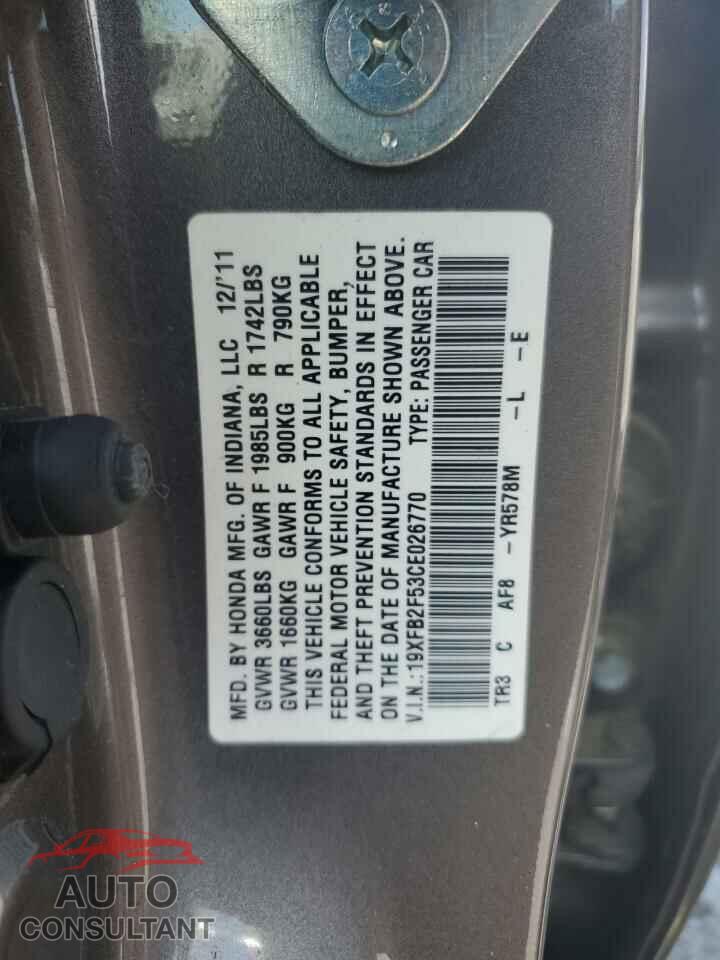 HONDA CIVIC 2012 - 19XFB2F53CE026770