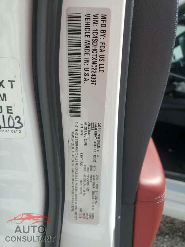 DODGE DURANGO 2022 - 1C4SDHCTXNC224397