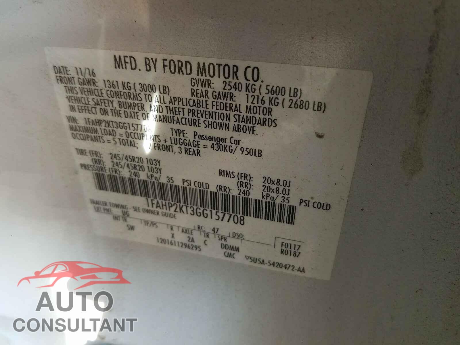 FORD TAURUS 2016 - 1FAHP2KT3GG157708