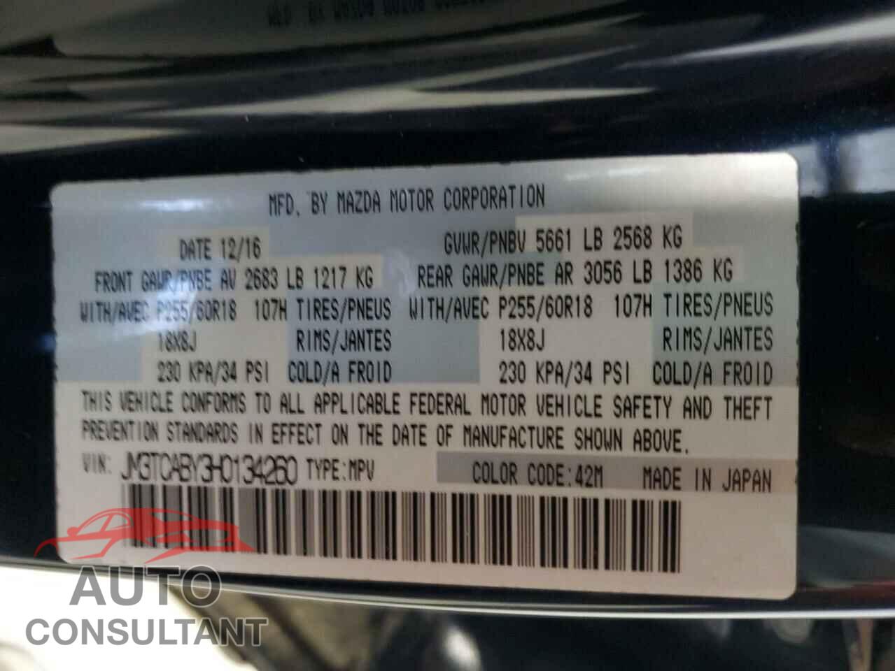 MAZDA CX-9 2017 - JM3TCABY3H0134260
