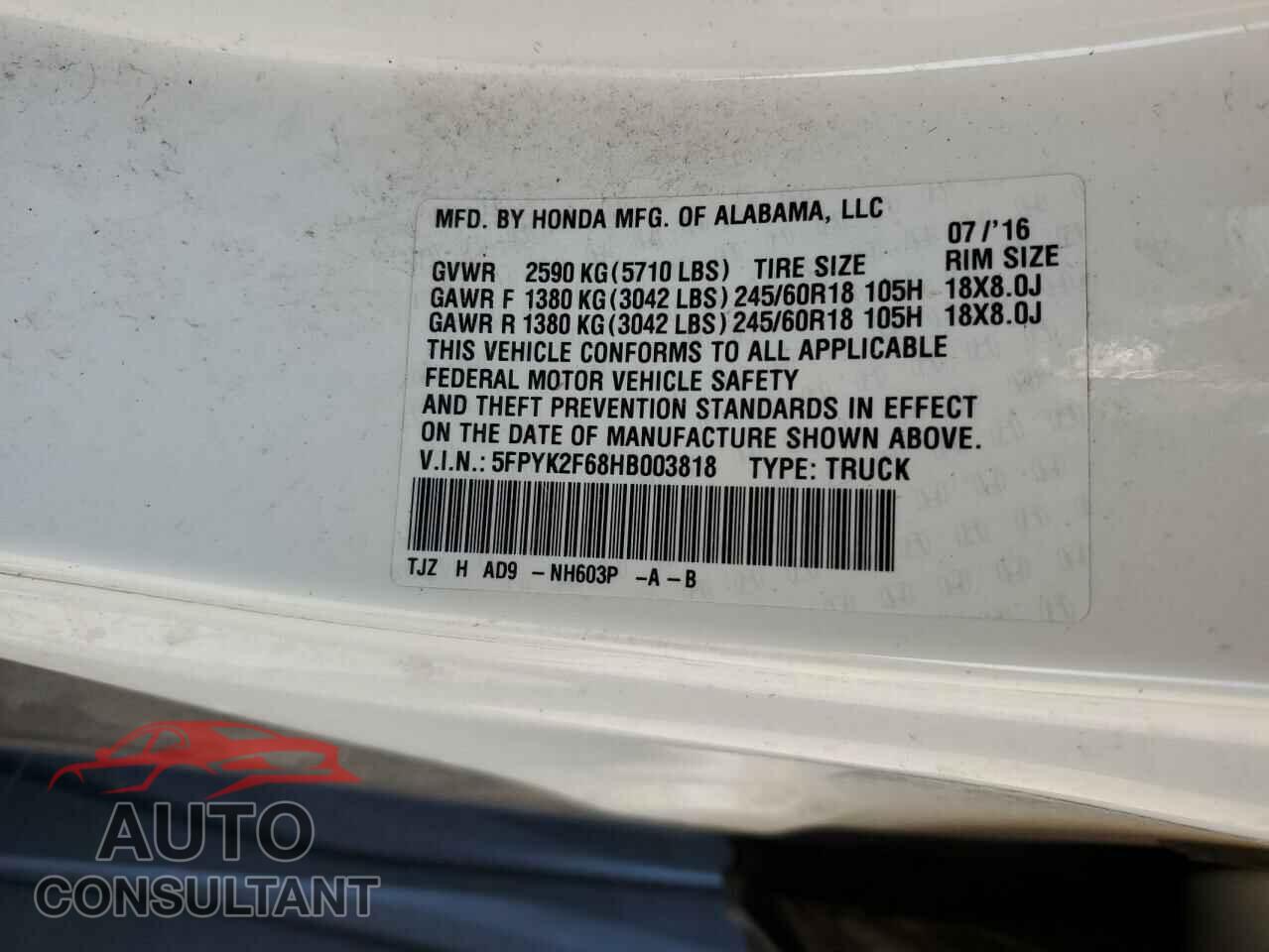 HONDA RIDGELINE 2017 - 5FPYK2F68HB003818