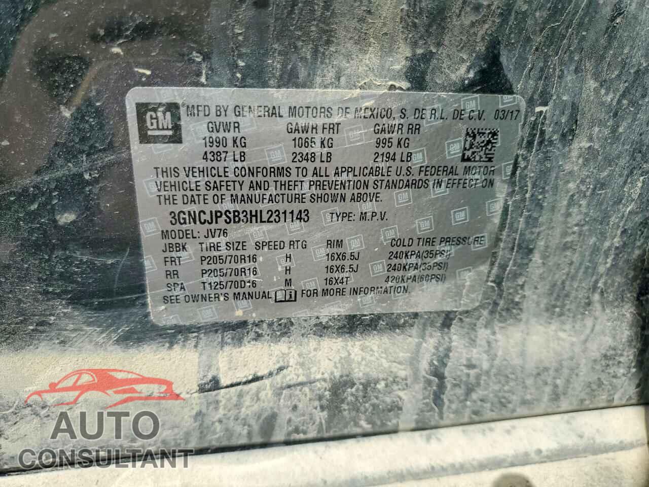 CHEVROLET TRAX 2017 - 3GNCJPSB3HL231143