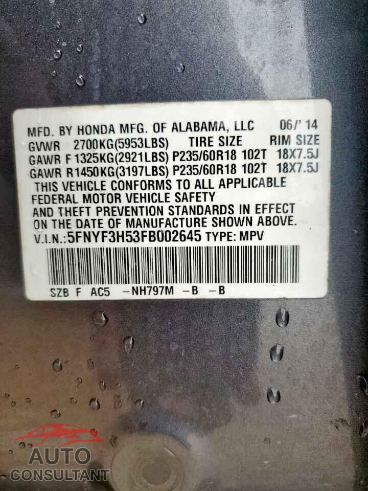 HONDA PILOT 2015 - 5FNYF3H53FB002645