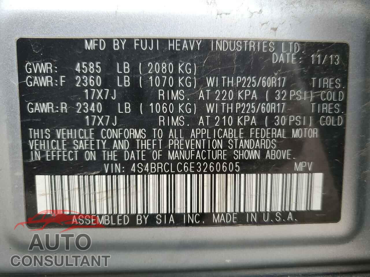 SUBARU OUTBACK 2014 - 4S4BRCLC6E3260605