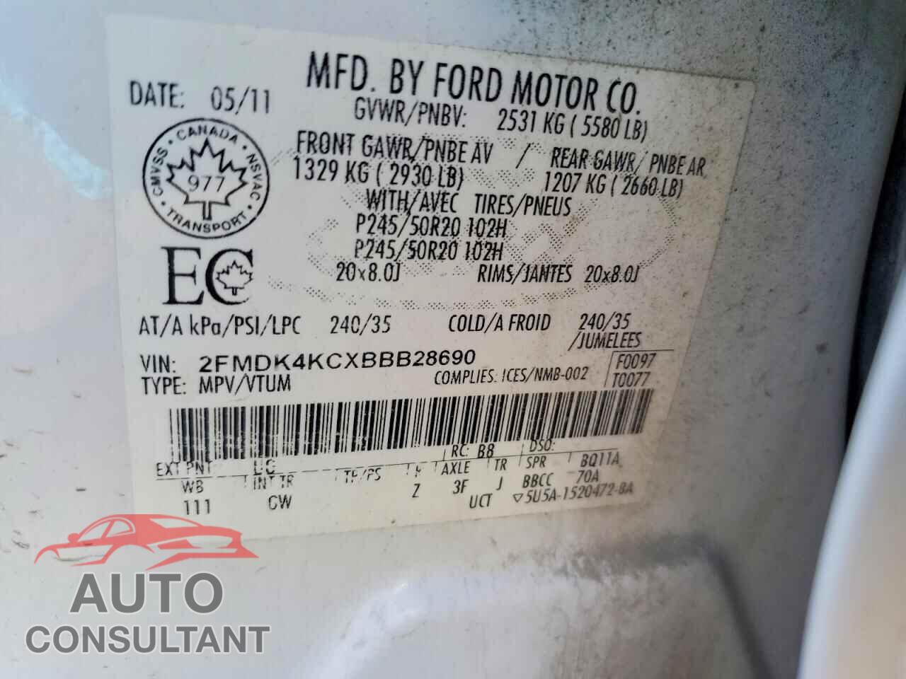 FORD EDGE 2011 - 2FMDK4KCXBBB28690