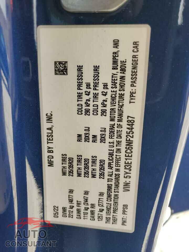 TESLA MODEL 3 2022 - 5YJ3E1EC6NF254487