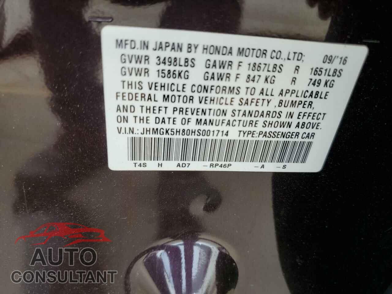 HONDA FIT 2017 - JHMGK5H80HS001714