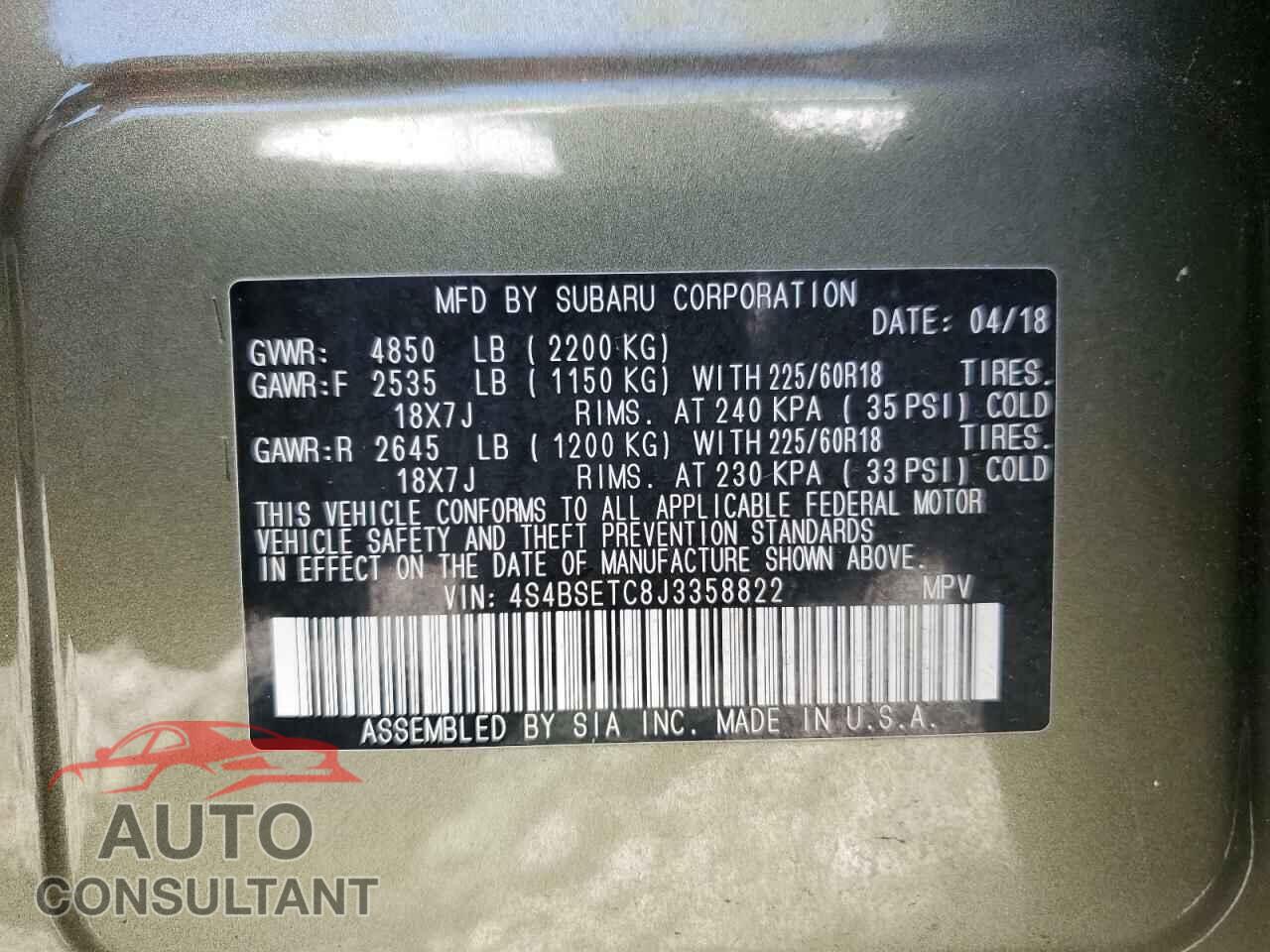 SUBARU OUTBACK 2018 - 4S4BSETC8J3358822