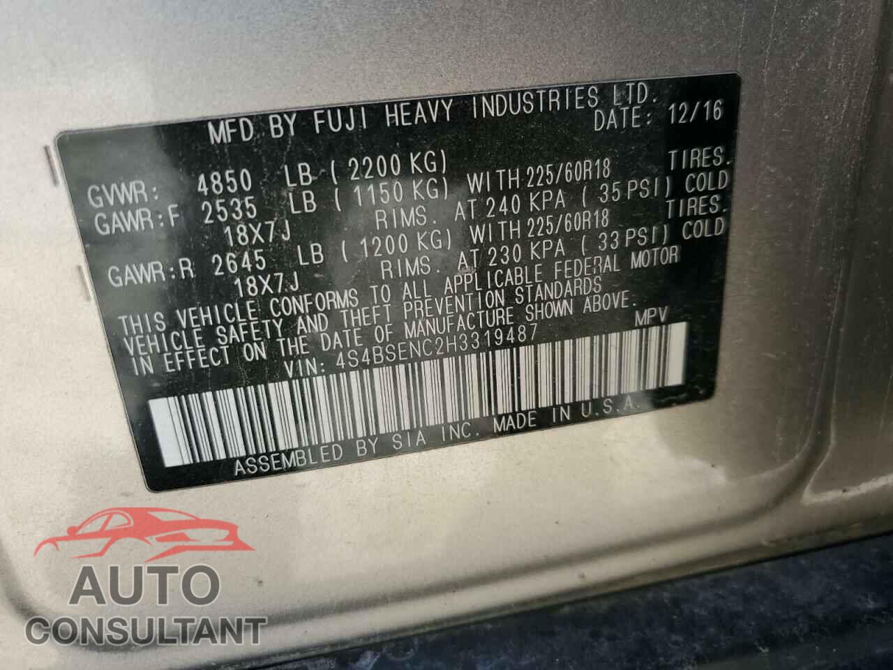 SUBARU OUTBACK 2017 - 4S4BSENC2H3319487