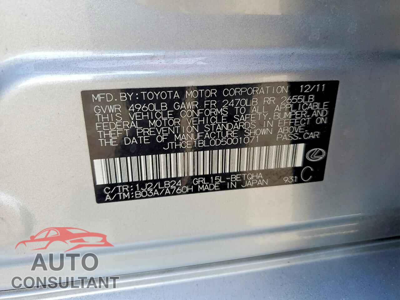 LEXUS GS350 2013 - JTHCE1BL0D5001071