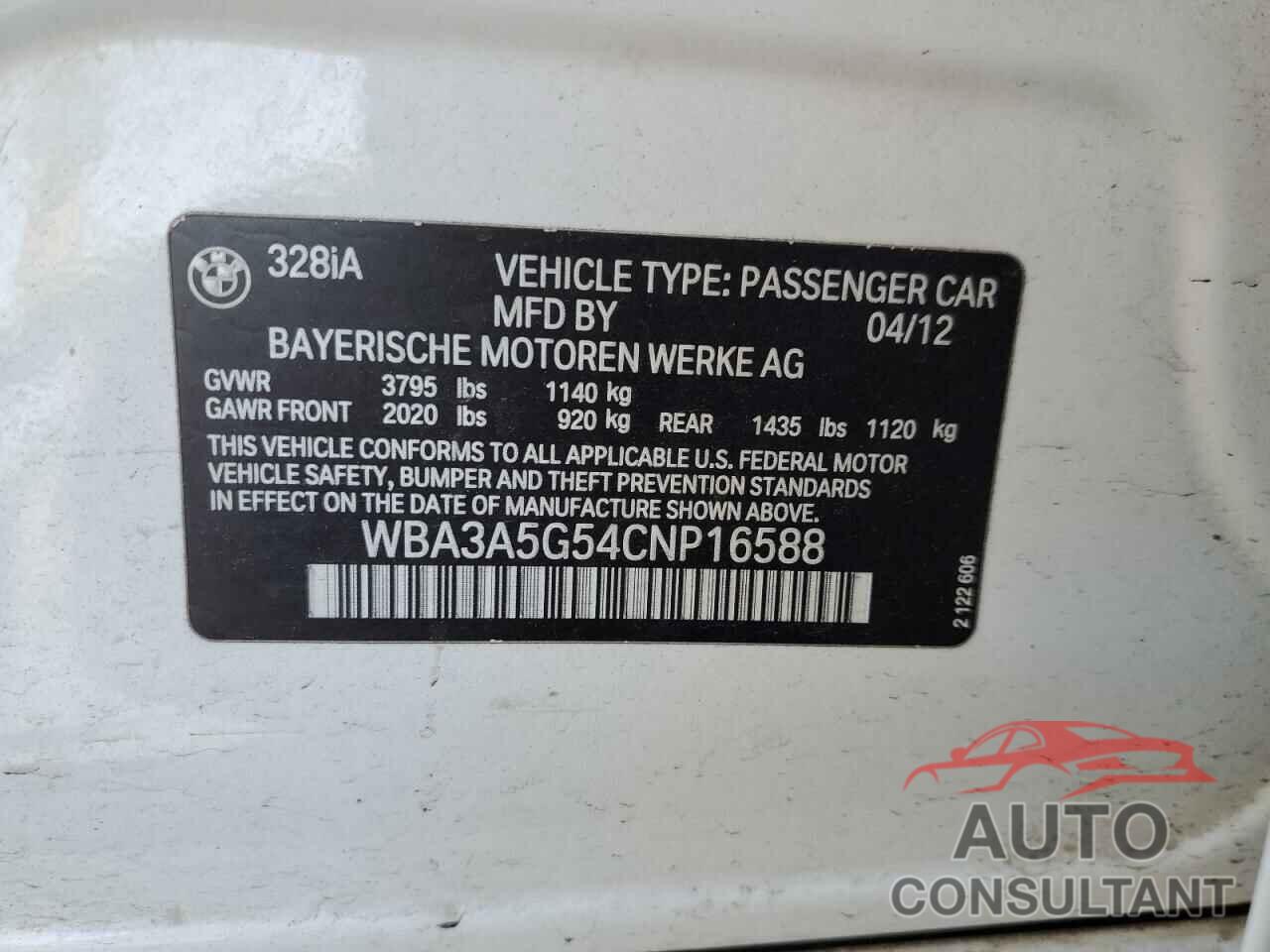 BMW 3 SERIES 2012 - WBA3A5G54CNP16588