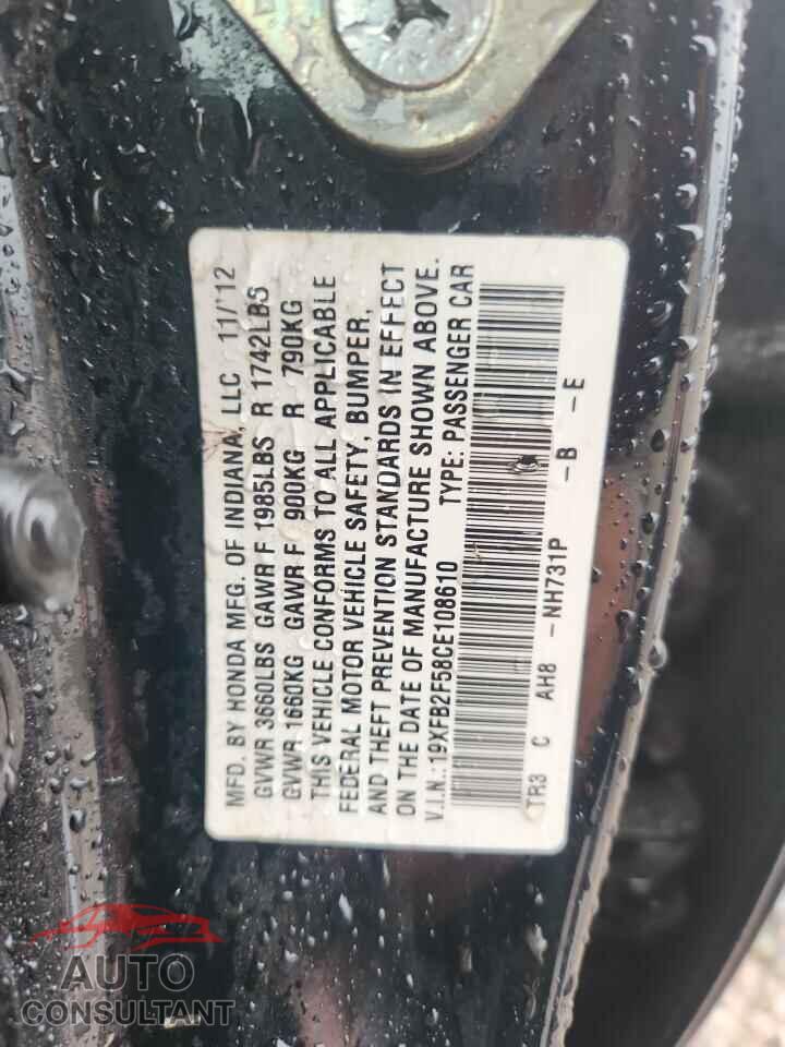 HONDA CIVIC 2012 - 19XFB2F58CE108610