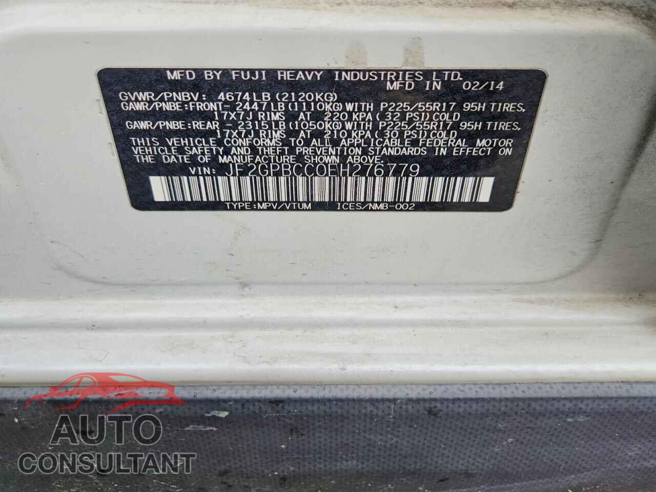 SUBARU XV 2014 - JF2GPBCC0EH276779