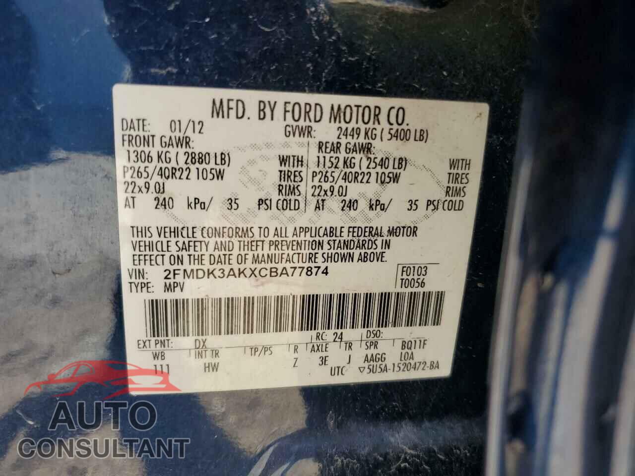 FORD EDGE 2012 - 2FMDK3AKXCBA77874