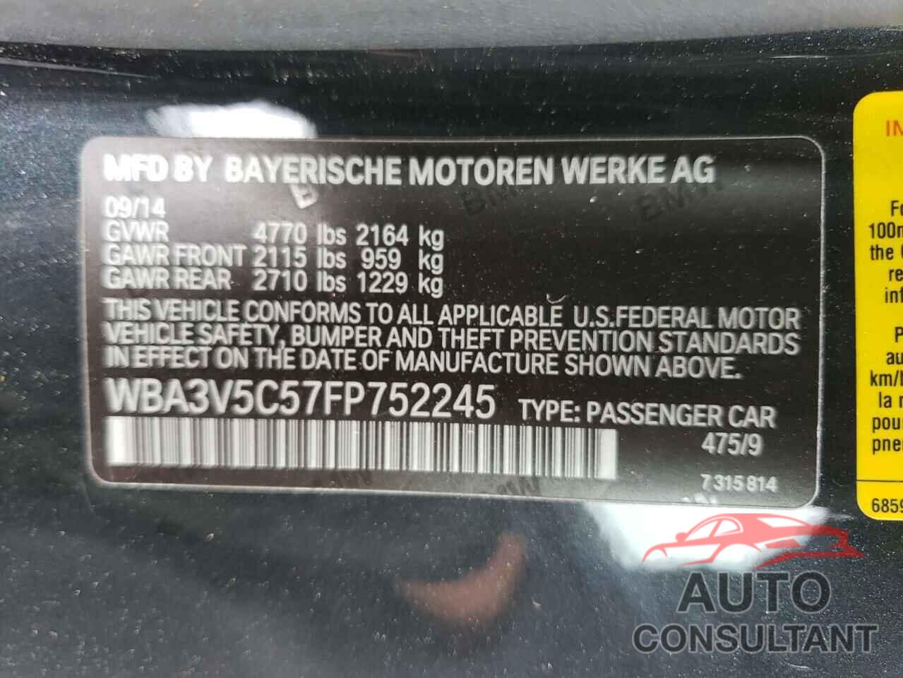 BMW 4 SERIES 2015 - WBA3V5C57FP752245