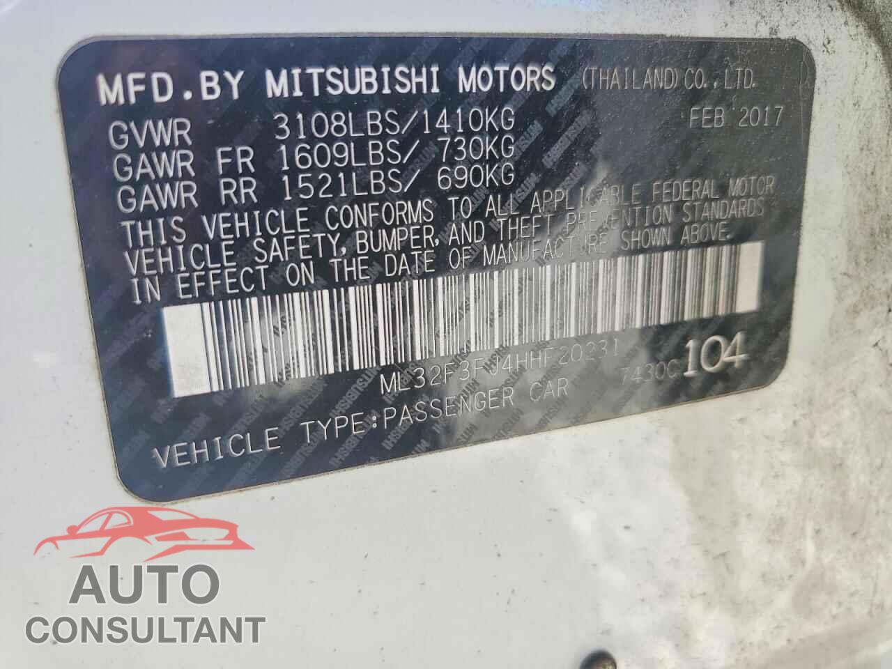 MITSUBISHI MIRAGE 2017 - ML32F3FJ4HHF20231