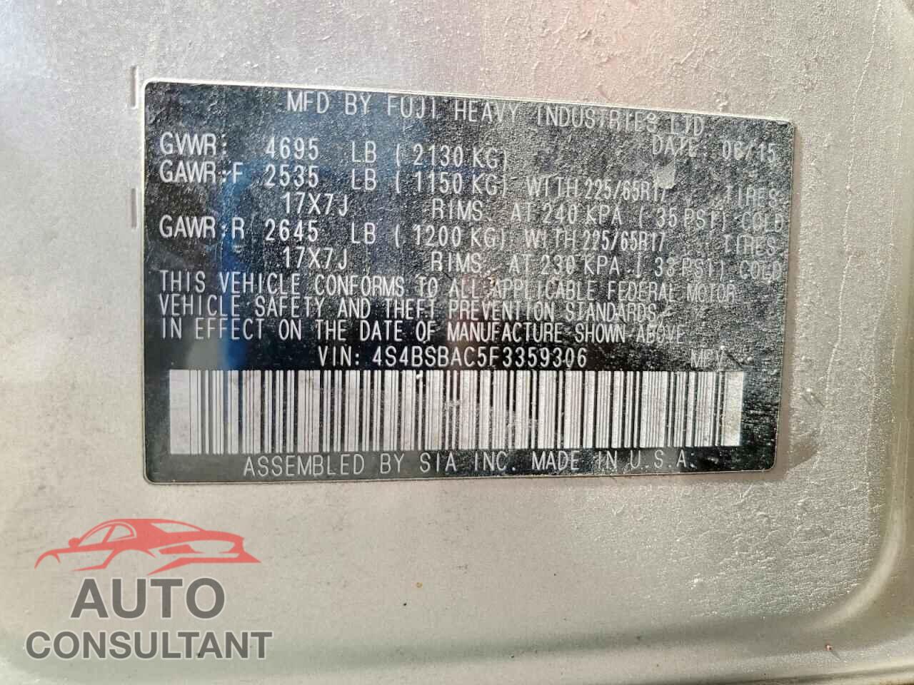 SUBARU OUTBACK 2015 - 4S4BSBAC5F3359306