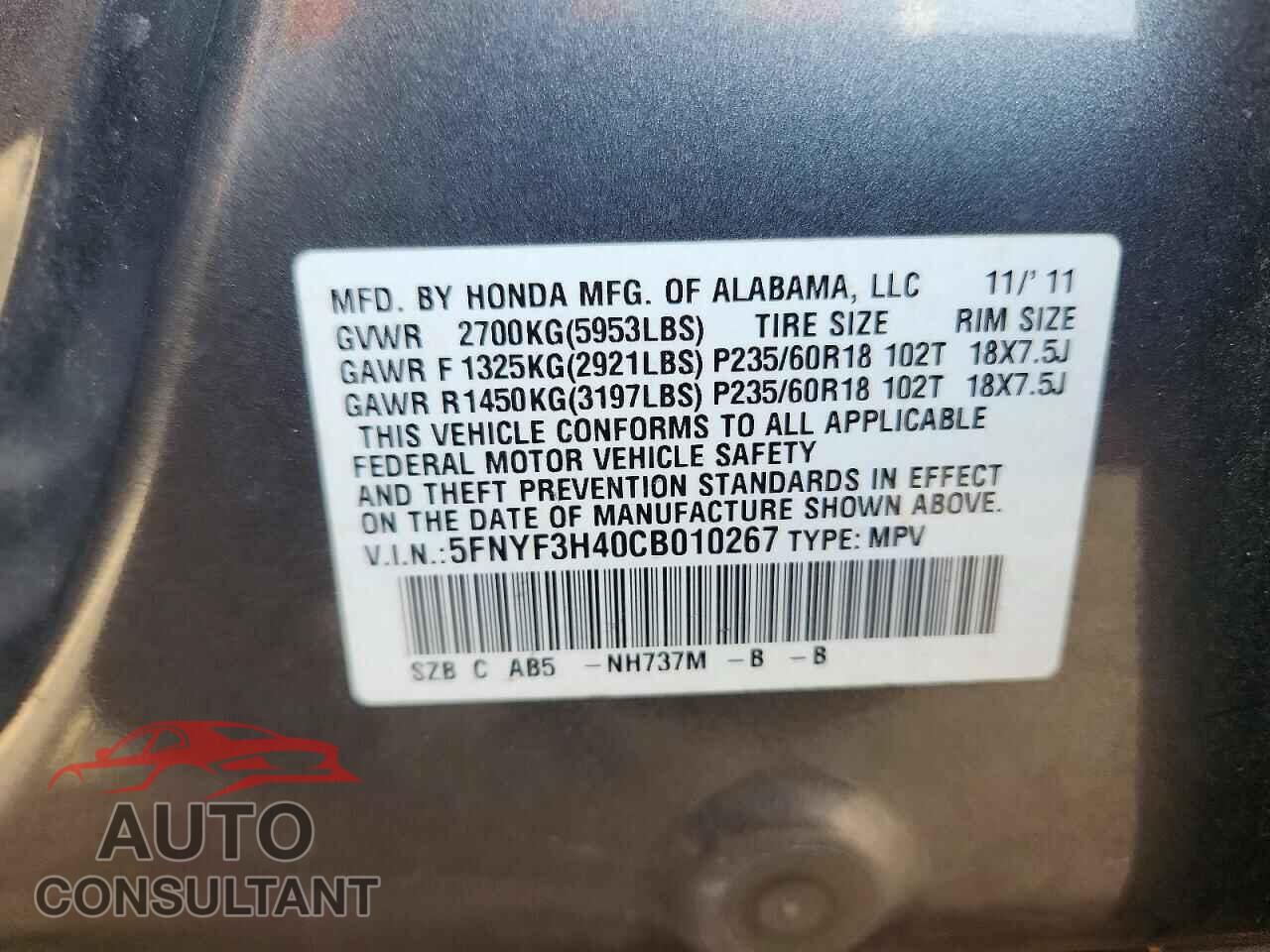 HONDA PILOT 2012 - 5FNYF3H40CB010267