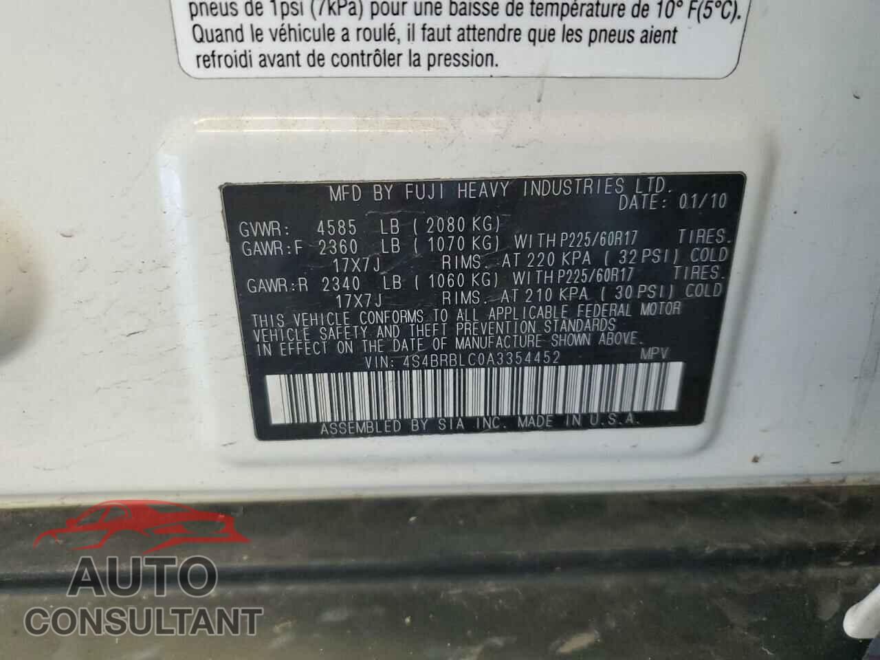 SUBARU OUTBACK 2010 - 4S4BRBLC0A3354452