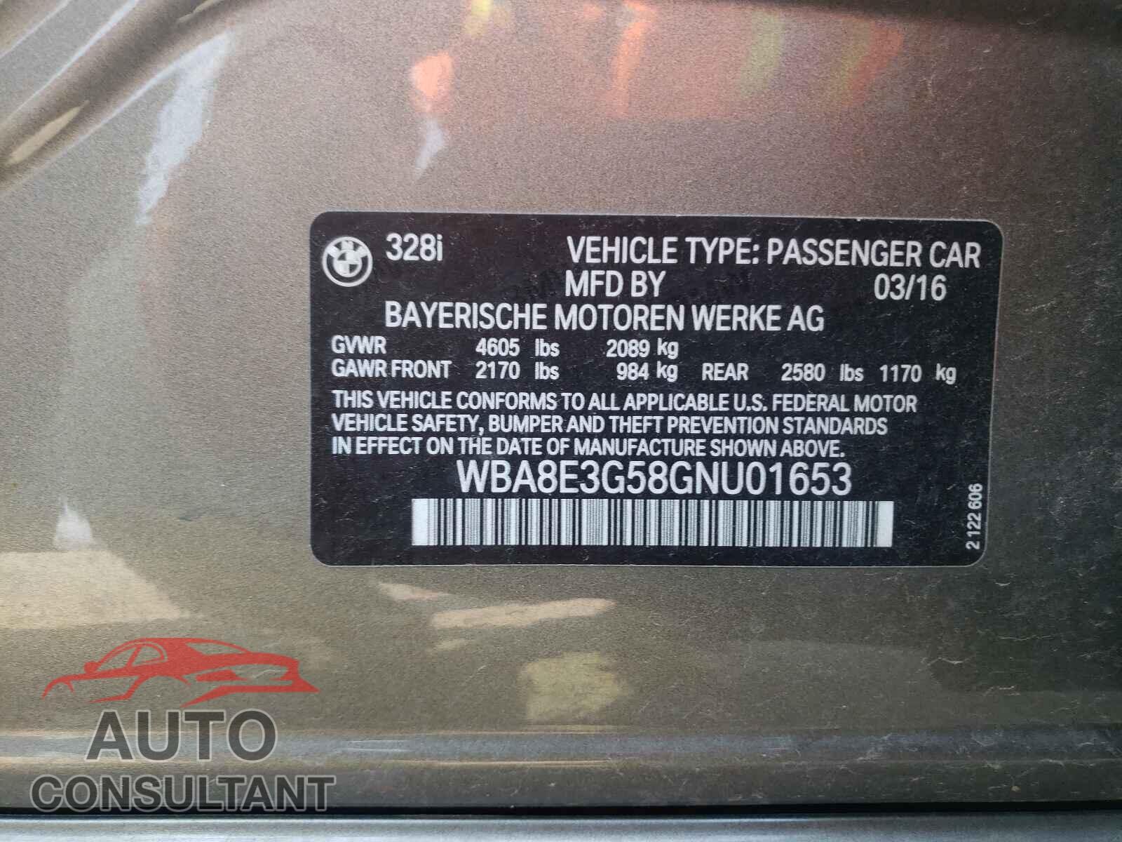 BMW 3 SERIES 2016 - WBA8E3G58GNU01653