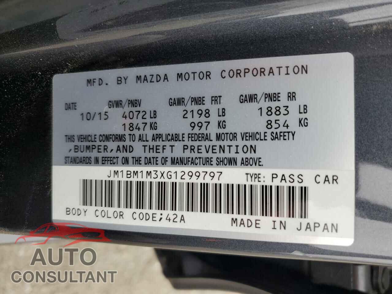 MAZDA 3 2016 - JM1BM1M3XG1299797