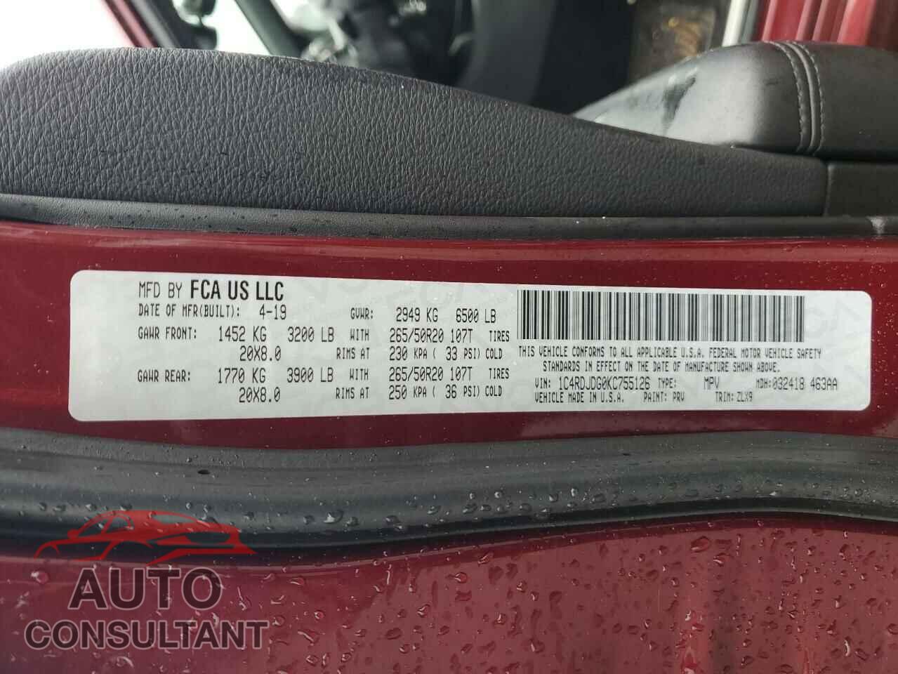 DODGE DURANGO 2019 - 1C4RDJDG0KC755126