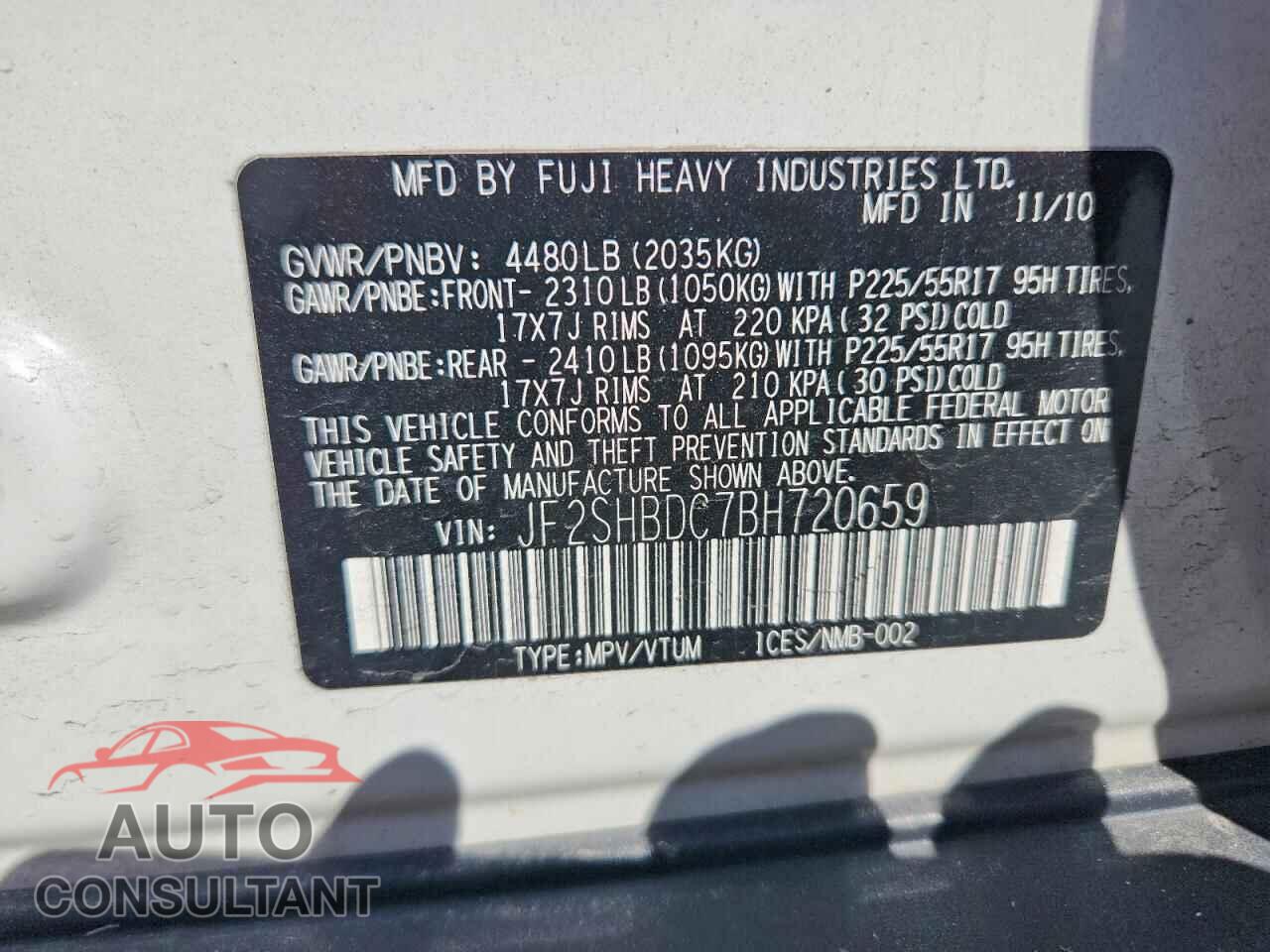 SUBARU FORESTER 2011 - JF2SHBDC7BH720659