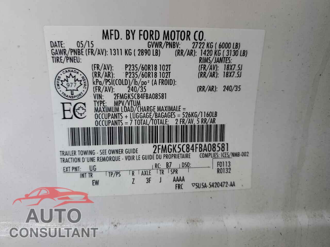 FORD FLEX 2015 - 2FMGK5C84FBA08581
